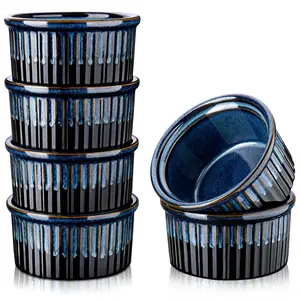 6-piece set, Glimmer series small mold, 3.9-inch blue porcelain small mold, 8.12 ounce egg custard, caramel pudding, egg custard, pudding, jam, sauce and dipping sauce baking cup, durable and long-lasting