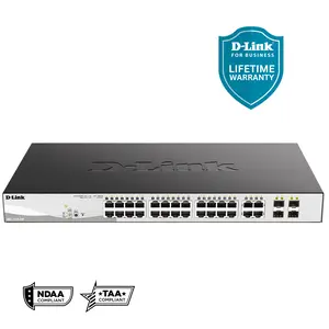 D-Link 28-Port Gigabit Smart Managed PoE+ Switch (DGS-1210-28P), 24 PoE+ Ports (193W) + 4 Combo SFP Ports,  L3 Lite, Follows NDAA/TAA