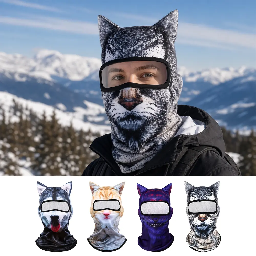 4 PCS Polyester Anti-UV 3D Digital Printing Animal Head Face Mask with 3D Cat Ears - All Seasons Sports & Outdoor Face Cover for Skiing, Music Festivals, Raves, Masks sohochic