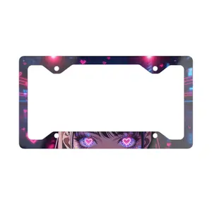 Neon Heart Eyes Anime Metal License Plate Frame Cyber Kawaii Pink Glow Glossy White Aluminum Pre Drilled 12.3x6.5 Inch High Definition Printing for Car Rear