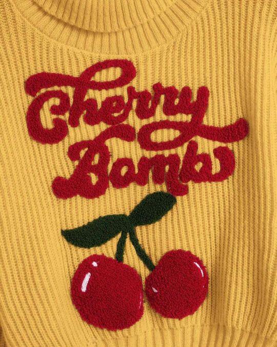 Collegiate Cherry Sweater Yellow Color Long Sleeves Ribbed Design Featuring Cherry Blossom Graphic Tops & Casual Crewneck Knitwear - Comfort Collegiate Cherry Sweater Yellow Color Long Sleeves Ribbed Design Featuring Cherry Blossom Graphic Tops & Casual Crewneck Knitwear - Comfort