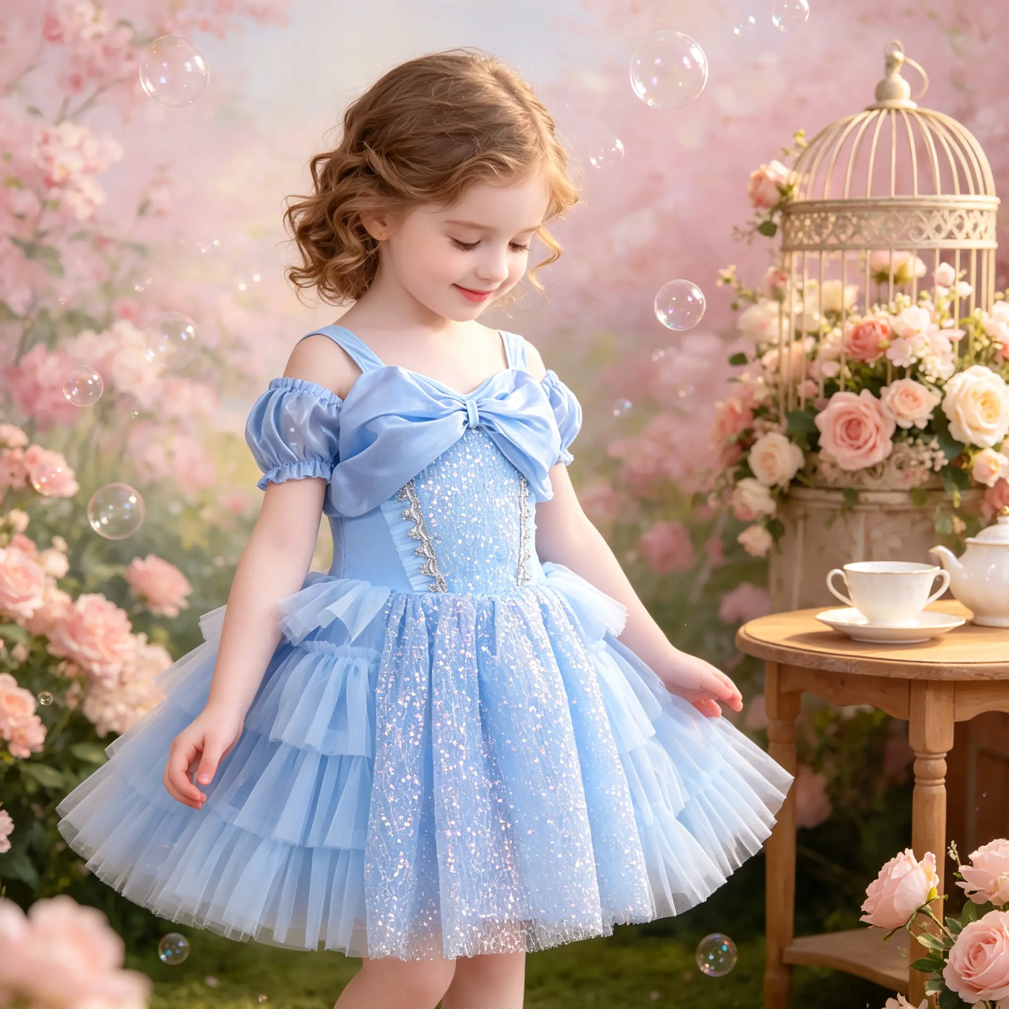 Girls' Light Blue Lovely Bow Off-Shoulder Puff Sleeve Sparkly Glitter Tulle Ballet Tutu Dress - All-Seasons Casual Princess Dance Costume, Lovely Bow Dress, Sparkly Glitter Dresses Birthday Clothes Party Outfit
