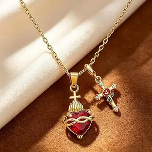 Women's 14K Gold Plated Sacred  Necklace - Ruby Zirconia Burning  Pendant, Layered Rose Cross Christian Gothic Baroque Religious Amulet Jewelry Gift
