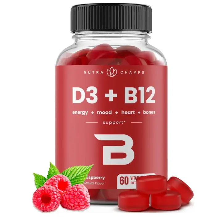 Vitamin D3 & B12, Methyl B12 Gummies for Adults & Kids, Enhanced with Vitamin D 3 & B9 Vitamin Folate, Natural Energy, Mood, Metabolism & Focus, Raspberry, 60 Gummies