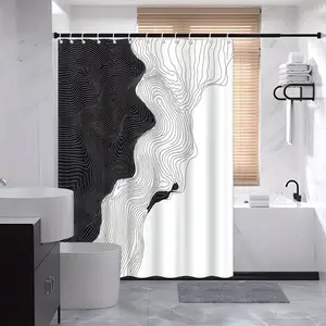 1pc Modern Black and White Abstract Wavy Line Shower Curtain - Geometric Topographic Design, Minimalist Polyester Fabric, 70.8x70.8 Inches with 12 Hooks Included, Machine Washable for Easy Care, Stylish Bathroom Decor, Shower Curtain Liner