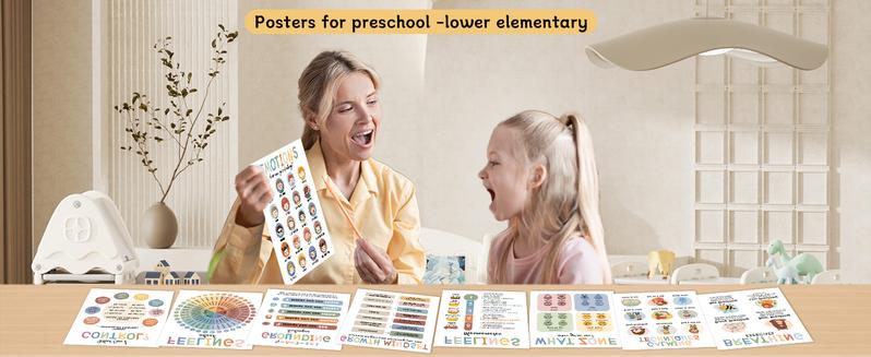 12 Calming Corner Posters (10x8) - Feelings Wheel Chart & Emotions Poster, Calming Corner Supplies For Therapy, Mental Health  Laminated Toddler Educational Wall Posters