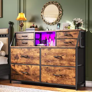 RaybeeFurniture Cute 8 Drawer Dresser for Bedroom, Smart LED Dresser with Charging Station, Steel Frame Storage Cabinet for Bedroom, Living Room & Hallway, 2-Tier Open Shelves