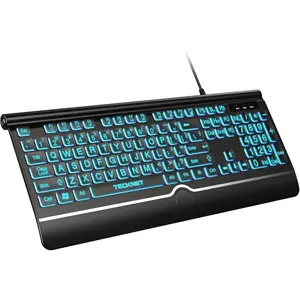 Large Print Backlit Keyboard, Wired USB-A Computer Keyboard with Wrist Rest, 7-Color Backlit, Oversized Letter Keys Easy to See, Plug-and-Play