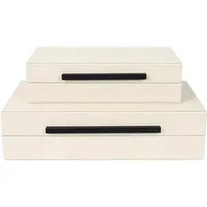 Beige Shagreen Decorative Boxes – Set of 2 Faux Jewelry & Memory Boxes with Black Handles, Nesting Photo Organizers for Home, Gift, and Office Organization