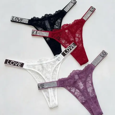 Women's 3pcs Sparkling Rhinestone "I Love You" Lace Panty Set - Ultra-Thin, Sexy Sheer, Wide Waistband, Hand-Washable, Mixed-Color Nylon Spandex V-String Underwear (Black, Red, Purple, White)