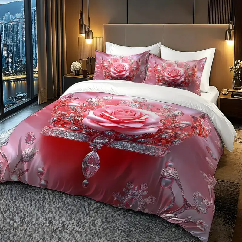 3-piece set of pink rose digital printed bedding made of polyester material, including 1 duvet cover and 2 pillowcases, is the preferred bedding for bedrooms, dormitories, and famous guests, Decorative Bedding Set, Soft Bedding Sets