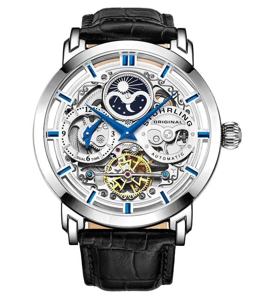 Men's Anatol 3924 Skeleton Automatic Watch, 47mm Dual-Time Wristwatch with Alligator Embossed Leather Strap, Automatic Watches, Leather Strap Watch