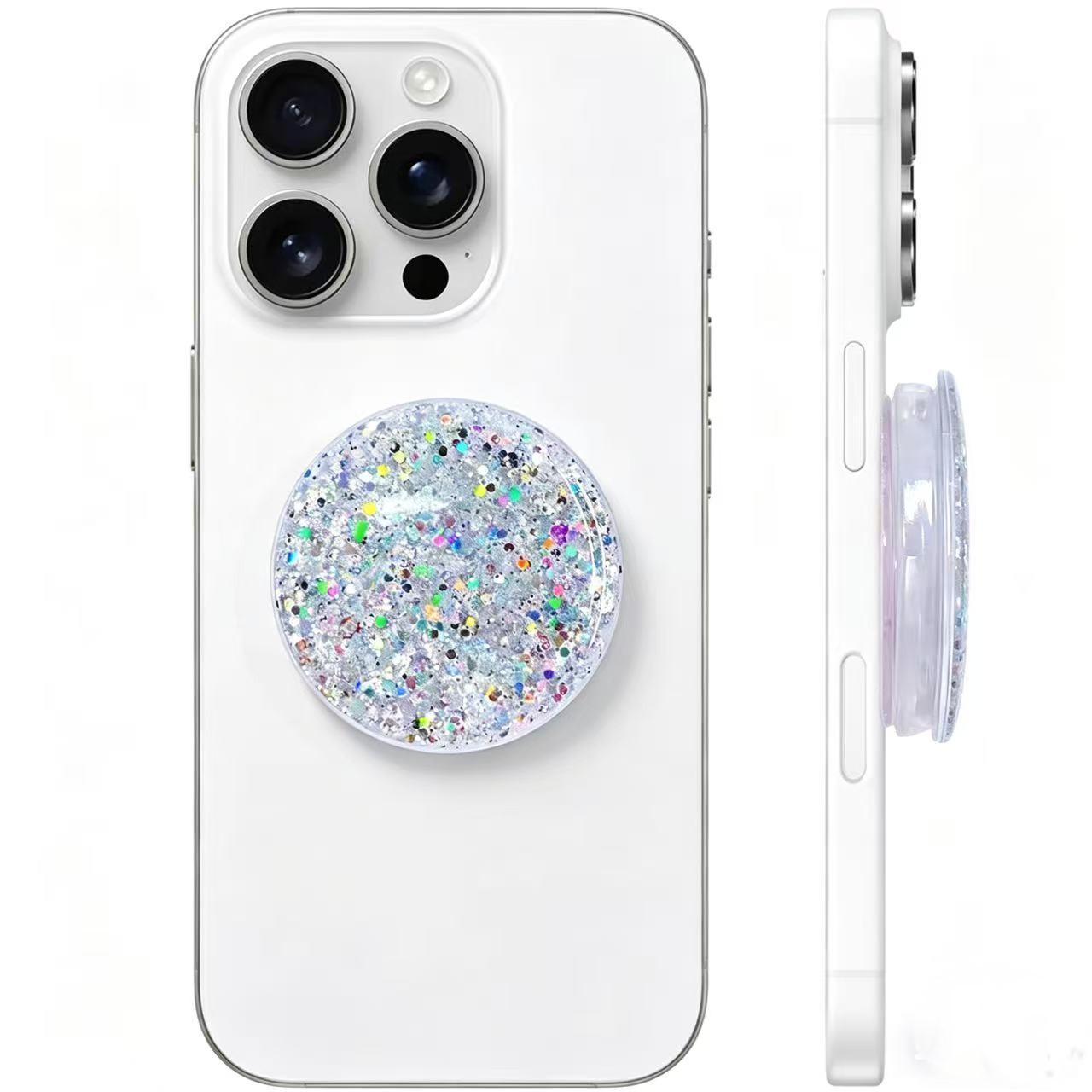 Extendable phone stand with transparent, sparkling starry crystal (starry silver), suitable for foldable phones and tablets.