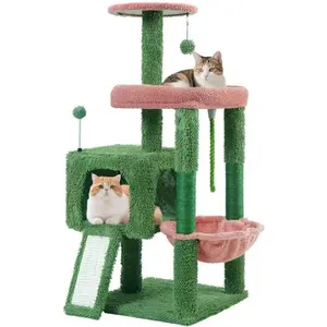 37.5inch All-in-one cat climbing frame, equipped with a scratching board and posts, comfortable sleeping hammock and toy ball, green color