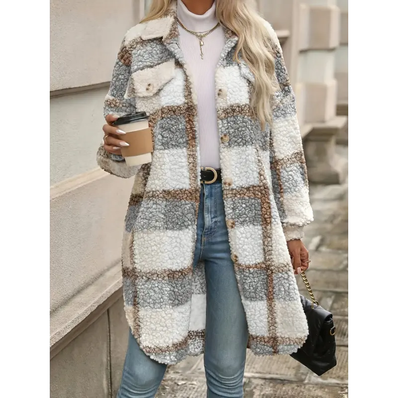 Women's Plaid Fuzzy Jacket, Long Sleeve Button Down Shacket with Lapel Collar, Casual Thermal Coat for Fall and Winter, Jackets, Lady, Women's Clothes, Dry Clean, 100% Polyester, Fabric, Female, Fuzzy Texture, Outerwear, Tops, Longsleeves