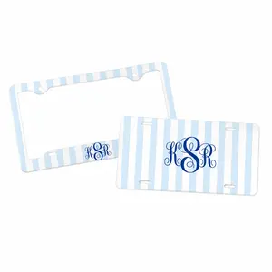 Custom Baby Blue Pastel Stripe Monogram License Plate & Frame – Stylish Car Accessories Set for Outdoor Lovers, Truck Car Tags, Gifts for Him And Her, Tag for Car, Car Accessories