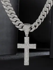 Men's Rhinestone Decorated Cross Pendant Necklace, Street Trendy Chain Necklace for Party, Daily Decor, Hip Hop Jewelry for Boy, Cuban Link Chain
