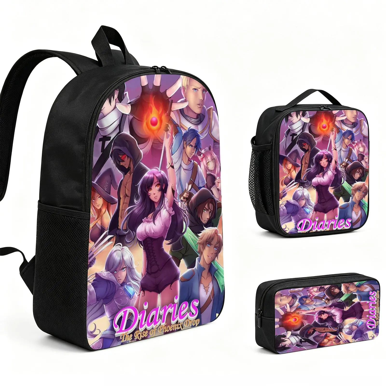 aphmau Backpack 3pcs Set with Vibrant Print, Durable School Bookbag with Insulated Lunch Tote and Pencil Bag for Teens Boys Girls, Multi-Functional Laptop Travel Daypack Gift for Kids L-186