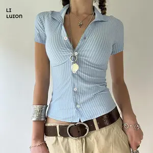 Women Button Down Shirts Cap Sleeve Lapel Collar RuchedFitted Shirts Crop Tops Blouse