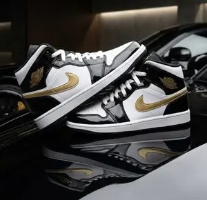 Nike Air Jordan 1 Mid Patent Black White Gold 852542-007 Mens Fashion New