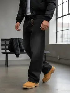 Men's Baggy Wide-Leg Plain Denim Jeans - Vintage Washed Black Cotton Loose-Fitting All-Season Streetwear Menswear Bottoms, Heavyweight 90s Skater Vibe Vintage Clothing, Ideal for Hoodies, Cropped Jackets summerwins