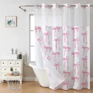 Cute Bowknot Polka Dot Shower Curtain, Sheer Mesh Top, Double Layer Hookless Bath Curtain, Sweet Style Bathroom Decor, 72 x 75 in