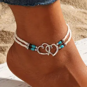 Set of 2 Bohemian Beaded Anklets for Women, Sparkling Multicolor Hollow Double Heart Seed Bead Anklets, Adjustable Elastic Cord Vintage Stylish Foot Jewelry for Parties, Gifts, And Everyday Use