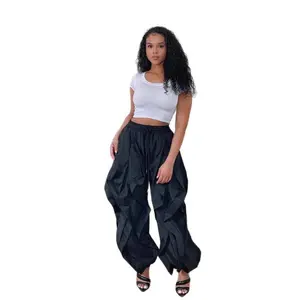 Elegant Women’s Cargo Lantern Pants – New Patchwork Ruffle Design, Cuffed Casual Office Trousers with Drawstring