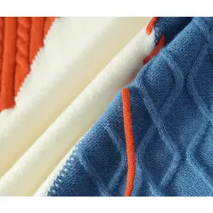 2025 New Round Neck Sweater Youthful Fashion Color Block Patchwork Design Blue Orange Black and White Premium Comfortable Fabric Unisex Autumn Winter Warmwear Knitwear Man Menswear Love Stylish Casual