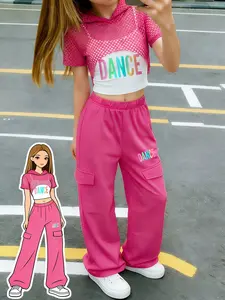 Y2K Girl Sporty Three-Piece Set, Mesh Hooded Short Sleeve, Printed Tank Top, Casual Sports Pants, Gradient Dance Letter Print, Outdoor Friendly