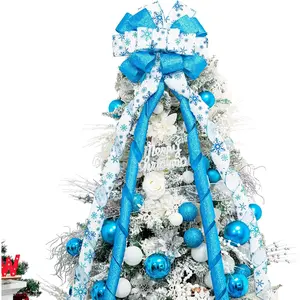 Christmas Tree Topper Bow,53x13 Inches Large Christmas Bow with Glitter Streamer and Patterned Ribbon,Decorative Bows for Xmas Tree Wreath Door Festival  Decor(Blue & White Snowflake)