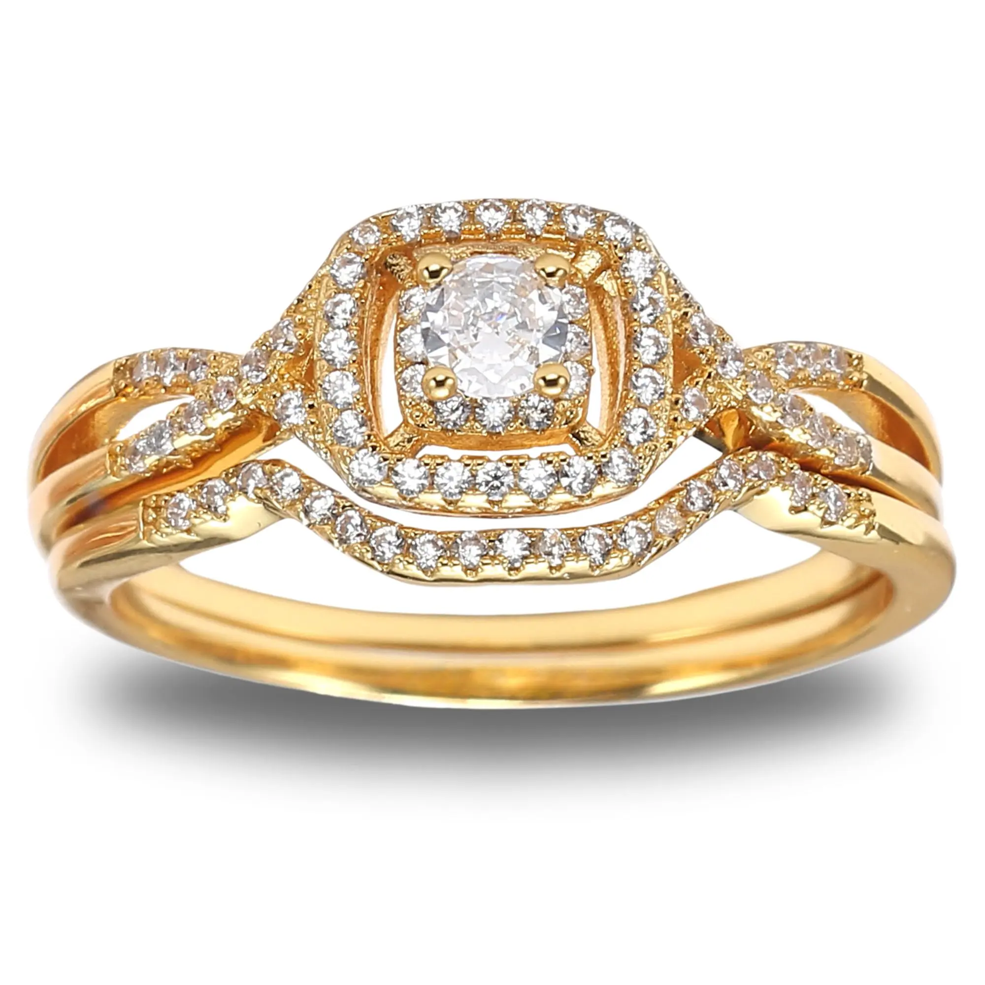 Frances Square Halo Wedding Ring Set for Women by Ginger Lyne CZ Engagement Rings for Women Plated 14 kt Gold Wedding Rings for Her| Cubic Zirconia Bridal Sets | Half Eternity Band