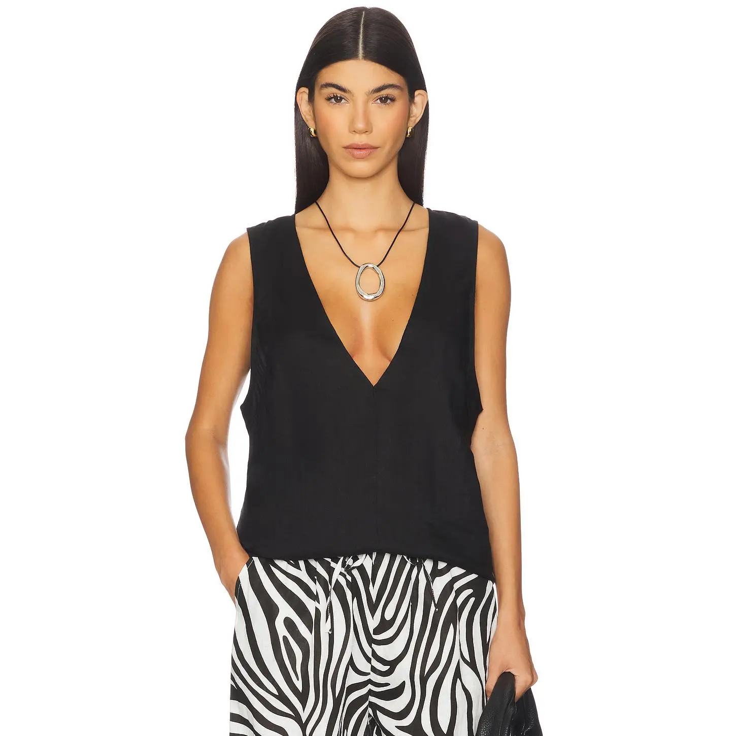 AEXAE Linen V Neck Top in Black