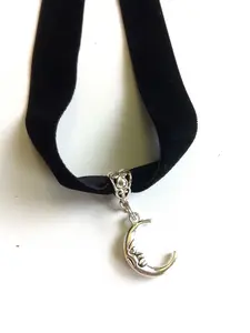 Choker Necklace Adjustable Black Lace Velvet with SILVER MOON Face PENDANT