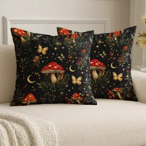 2pcs Mushroom Forest Night Scene Decorative, Artistic Throw Pillow Covers - Dark Green & Golden Botanical Art with RedGolden Mushrooms, Foliage & Night Sky Stars, Zipper Closure, Machine Washable Polyester Cases for Sofa, Bed, Living Room - Nature