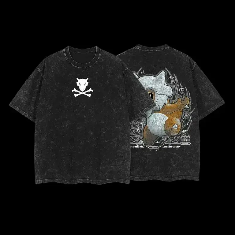Men's Classic Stylish Cubone Printed Oversized Ribbed Soft Seamless Short-Sleeve Round Neck Tshirt - Vintage Unisex Acid-Washed Heavyweight Cotton Fabric Clothes for Anime Manga Fans, Affordable Fashion