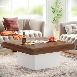 Tribesigns Square LED Coffee Table Grey and White Rustic Farmhouse Table 35.4”W x 35.4”D x 17.7”H Engineered Wood Low Table for Living Room