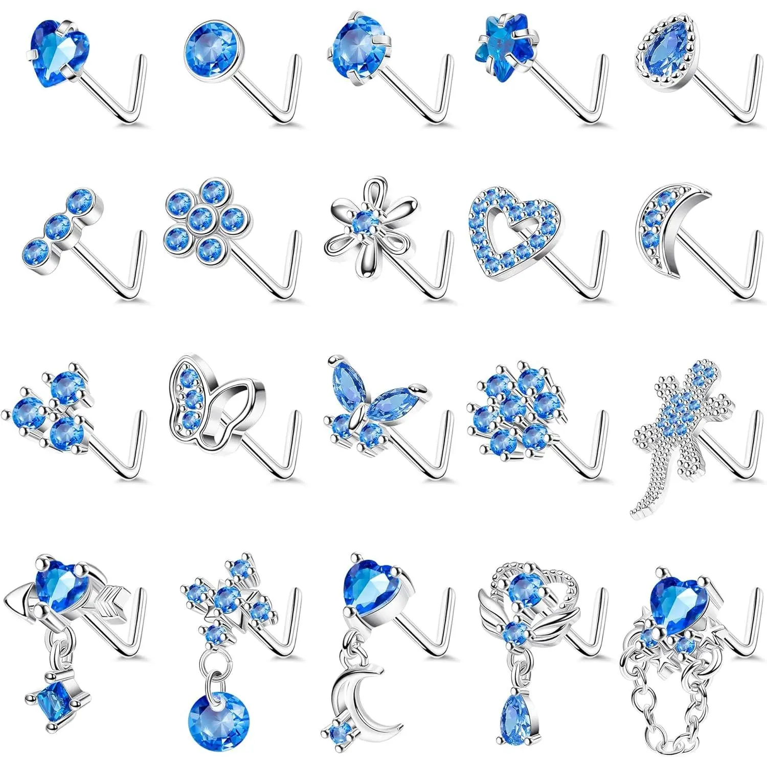 20 count 20G Surgical Steel Dangle Nose Rings L Shaped Nose Ring Studs for Women Men CZ Heart Moon Dangling Flower Butterfly Nose Piercing
