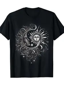 100% Cotton T-Shirt with Artistic Sun & Moon Design - Soft & Breathable Crew Neck Tee for Casual Wear, Black Graphic Print, Short Sleeve, Lightweight Fabric for All Seasons, Unisex, Vintage Style, Machine Washable, Comfortable Fit, Perfect for Adults, Cas