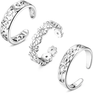MILACOLATO 3 PCS Toe Rings for Women 925 Sterling Silver Adjustable Toe Rings Open Cuff Toe Rings CZ Daisy Moonstone Ring Band Rings Beach Foot Jewelry Set