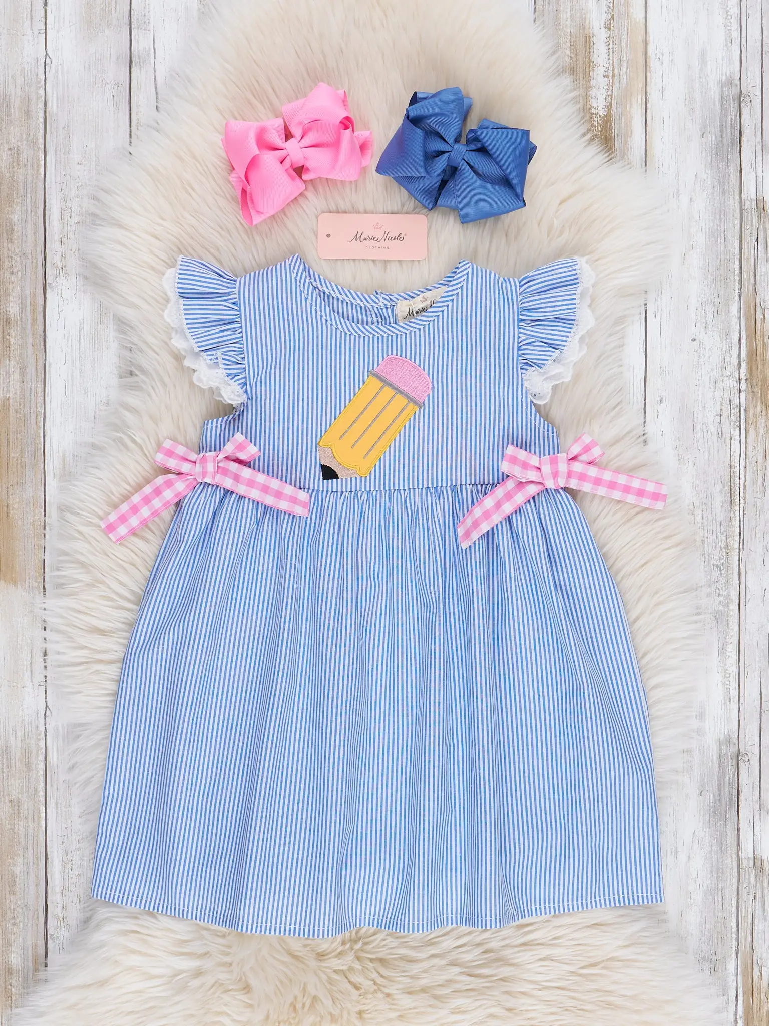 Chambray Embroidered Gingham Pencil Flutter Dress