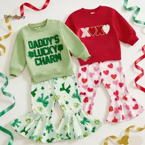 2 Pcs Set Toddler Girl Valentine's Day St. Patrick Outfits Letter Embroidery Long Sleeve Lucky Four-leaf Clover Round Neck Pullover + Heart Butterfly Pattern Flare Pants 2 Pcs Set