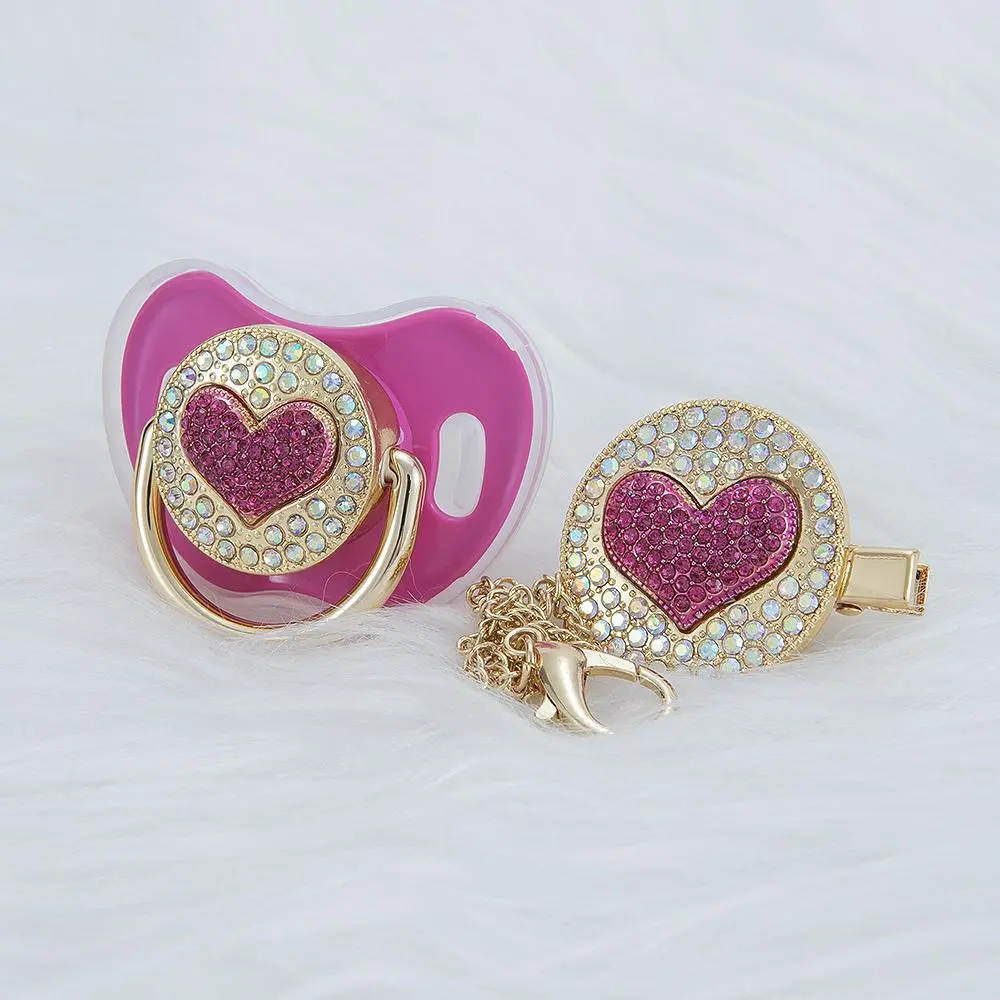 MIYOCAR Luxury Pink Crystal Pacifier and Clip Set – Elegant Baby Girl Gift with Rhinestone Heart Design, Perfect for Newborn Photoshoots, Keepsakes, Baby Showers, and Special Occasions