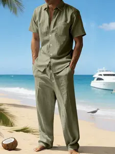Summer Linen Collared Short Sleeve Shirt Set for Men, Casual Long Pants Two-Piece Set, Cross-Border European and American Men's Clothing Wholesale