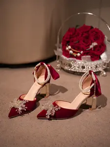 Women's High Heel Shoes, Butterfly Knot Decoration, Pearl Strap, Pointed Toe Design, Slip-On Wedding Shoes, Thick Sole, Wide Heel, Footwear
