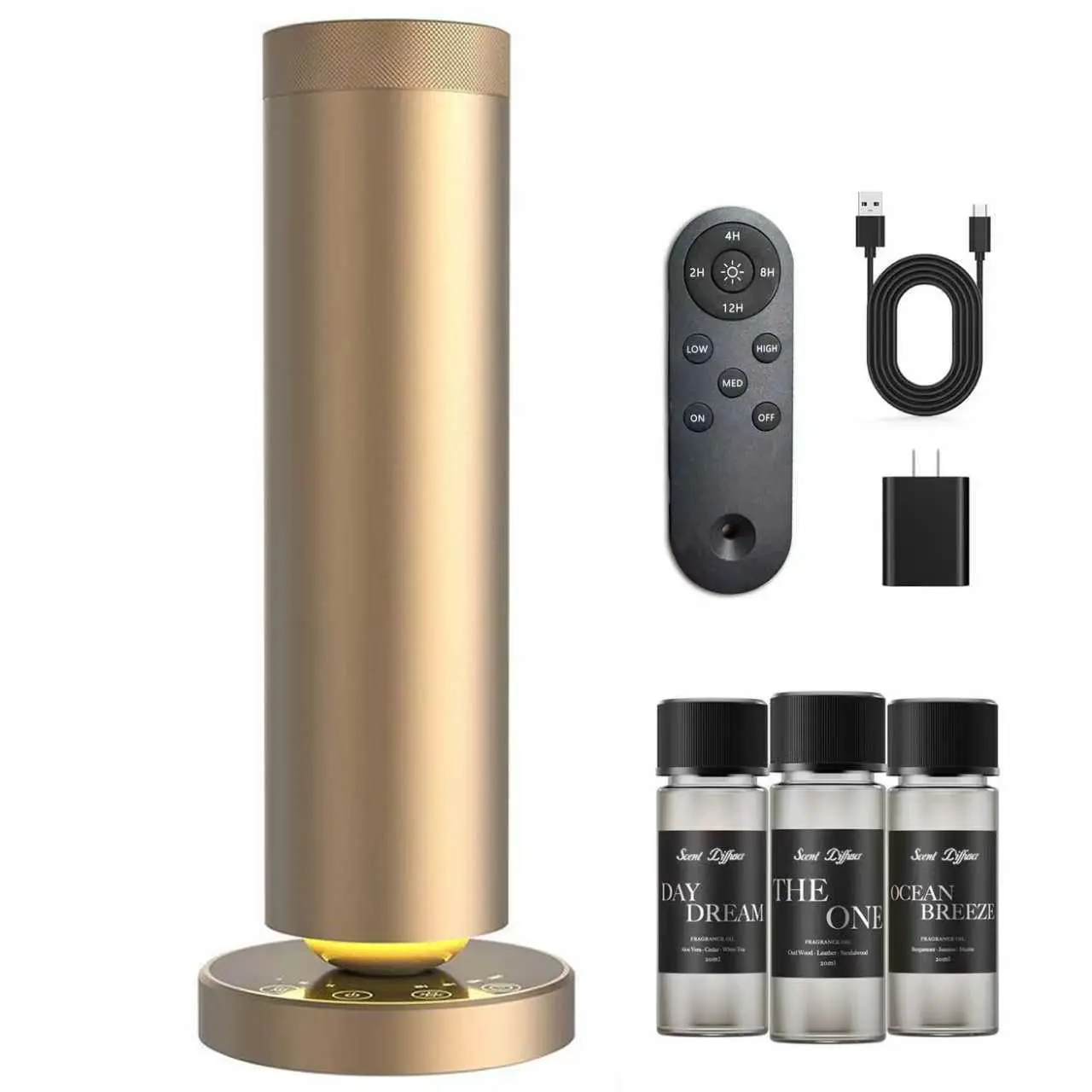Waterless Diffuser Fragrance Scented Freshener Starter Kit - Automated Misting Aromatherapy Machine, 3x20ml Essential Oils, Adjustable Mist Tier, Night Light, 3 Color Options, Covers 1000 Sq Ft Home/Hotel