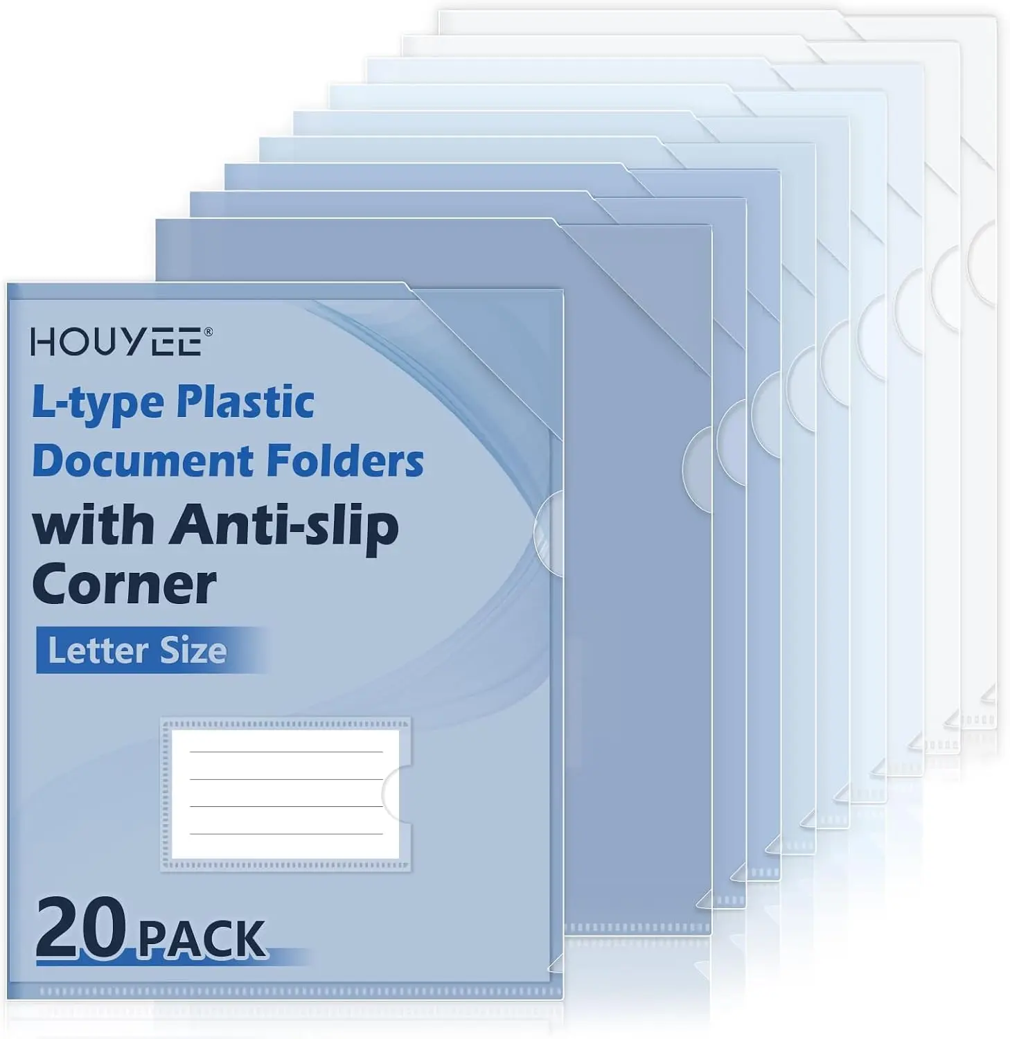 20 Pack Clear Document Folders with Corner Lock, Letter Size | Plastic Sleeves for 8.5 x 11 Paper, Translucent Blue L-type File Folders, with Writable Labels, Non-Slip, Top & Side Loading