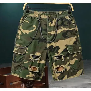 Camouflage 100% Khmer Yarn Work Shorts | Distressed Street Style Bottoms,