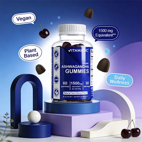 Vitamatic Ashwagandha Gummies 1500 mg Equivalent Per Serving 60 Vegan Gummies 3% Withanolides Natural Tart Cherry Flavor Dietary Supplement for Healthcare and Fitness