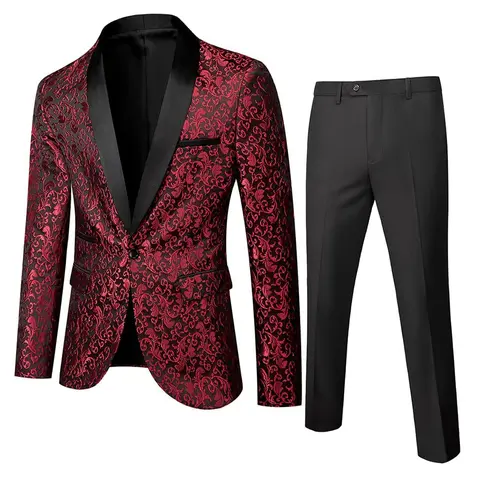 Men's 1-Button Floral Jacquard 2-Piece Formal Tuxedo Set - Blazer & Matching Trousers, Ideal for Prom, Dancing Events, Including Dark Blue, Colorful Pastels Cloth Men's Suit Separates
